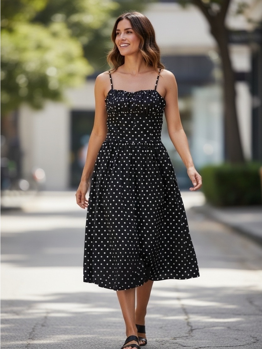 Vintage Black Polka Dot Mini Dress With Spaghetti Straps.Made Is Usa